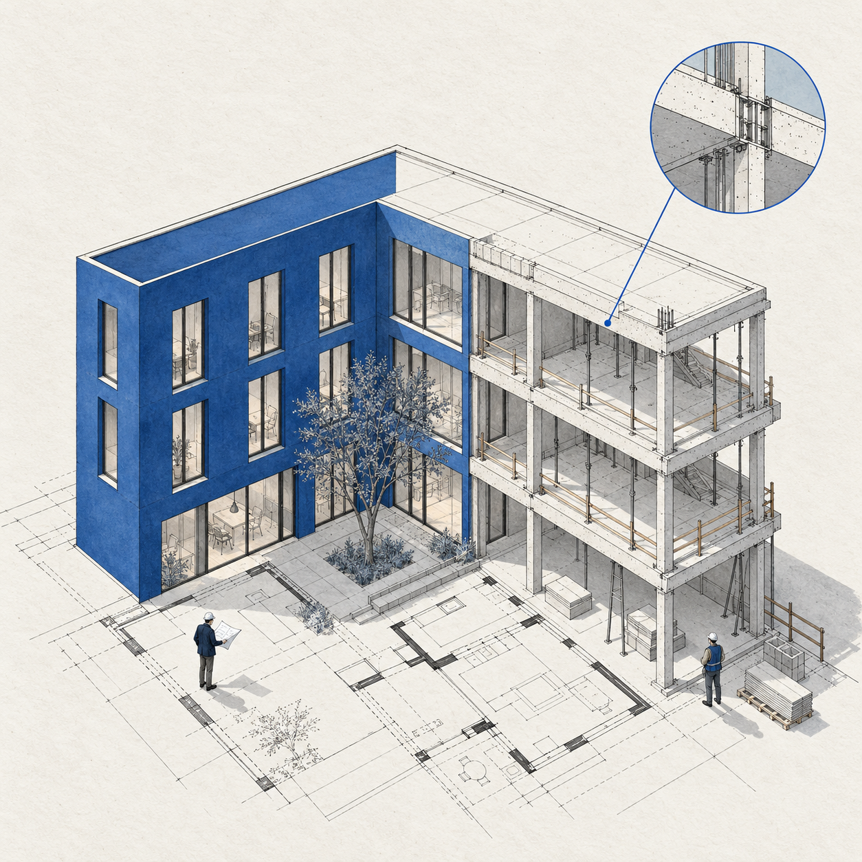 Architectural illustration connecting a building, its plan and a construction detail